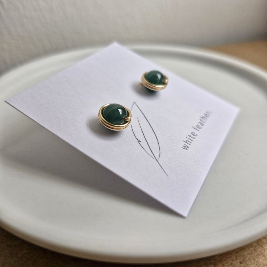 Dark Green Jade Earstuds (Medium) / 14k Gold-filled