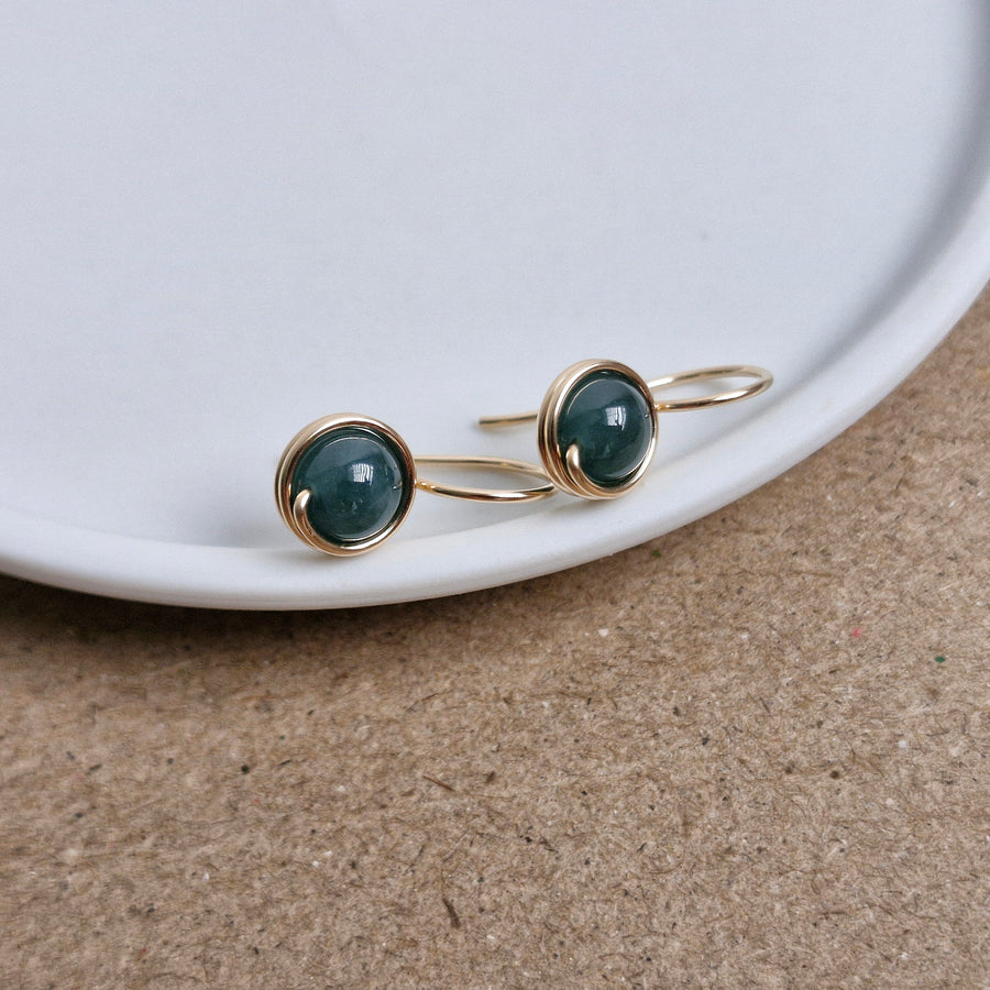 Dark Green Jade Wrapped Drop Earrings / 14k Gold-filled