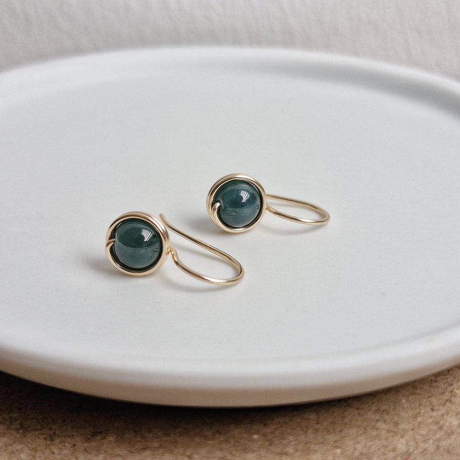 Dark Green Jade Wrapped Drop Earrings / 14k Gold-filled