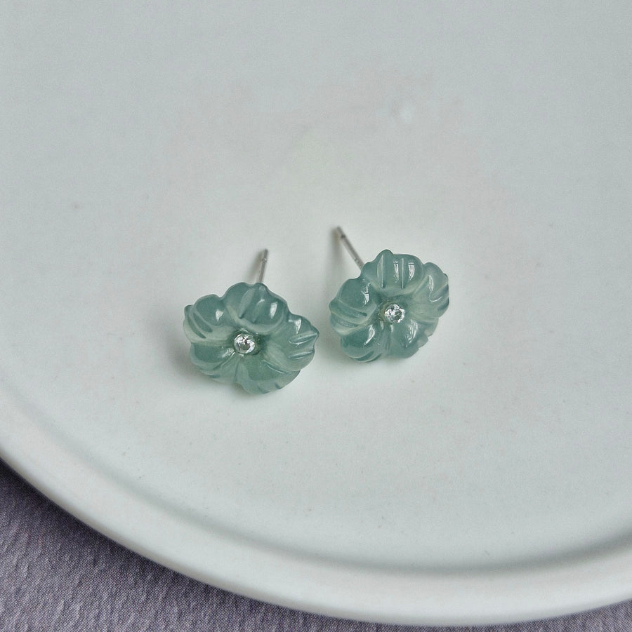 Jade Flower Earstuds / Rhodium 925