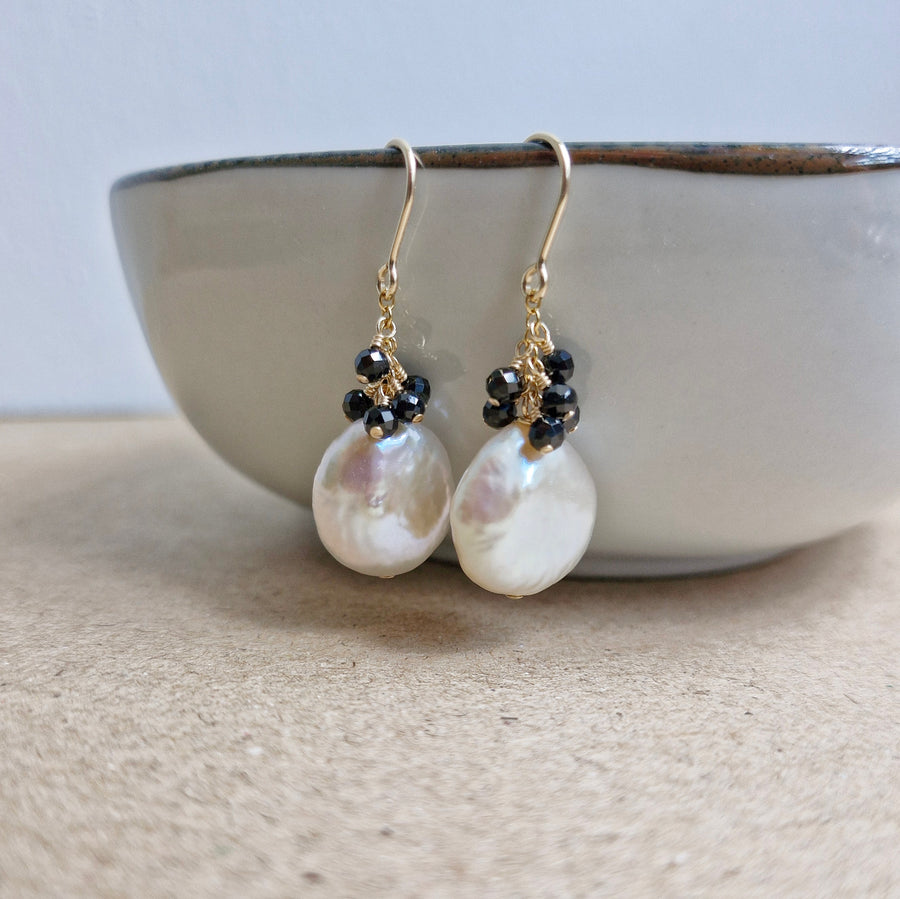 Freshwater Coin Pearl w/Black Spinels / 14k Gold-filled