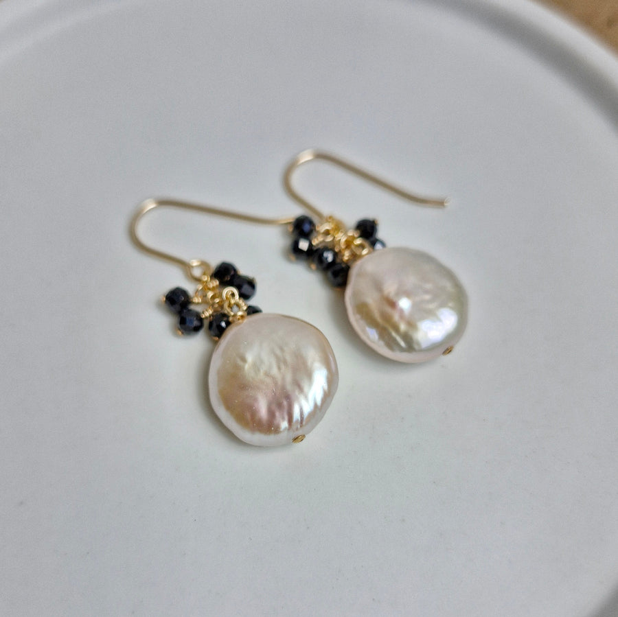 Freshwater Coin Pearl w/Black Spinels / 14k Gold-filled