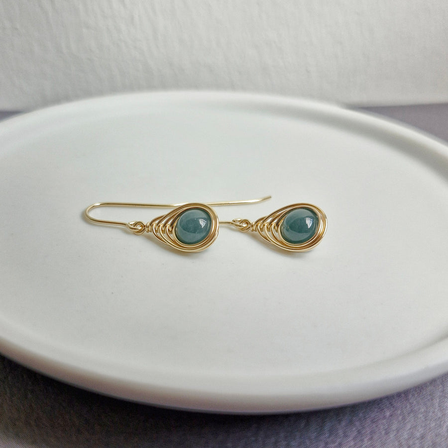 Herringbone Wirewrapped Blue Jade  Earrings / 14k Gold-filled