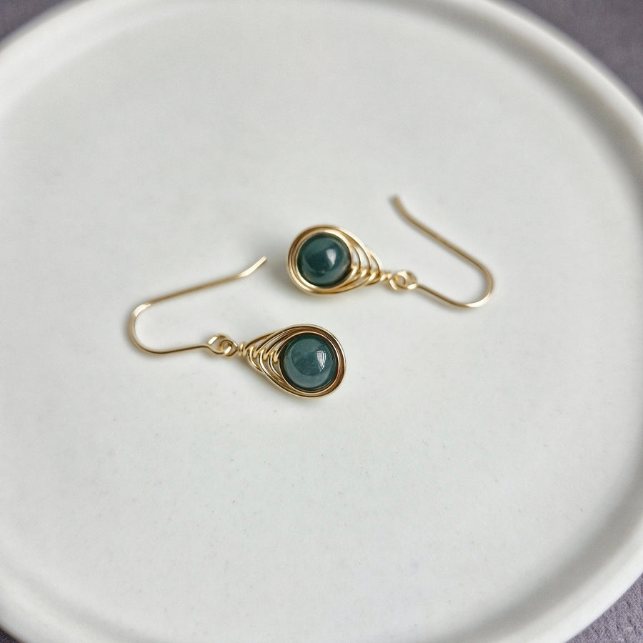 Herringbone Wirewrapped Blue Jade  Earrings / 14k Gold-filled