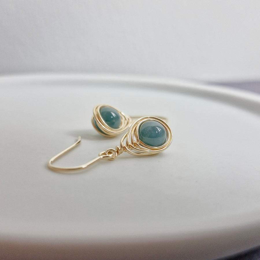 Herringbone Wirewrapped Blue Jade  Earrings / 14k Gold-filled